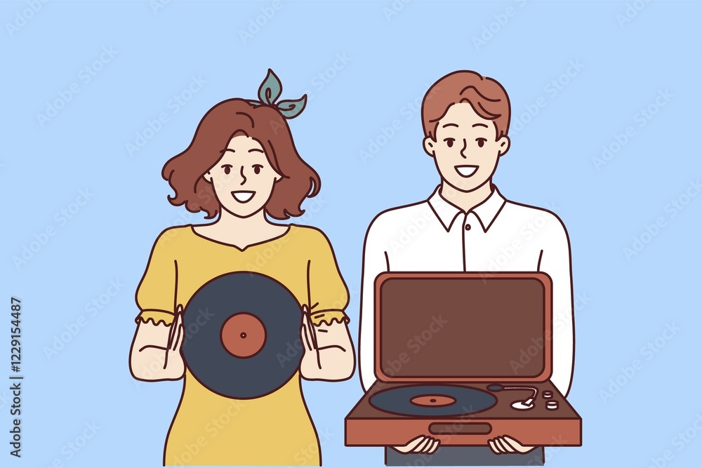Happy couple with turntable and vinyl record invites you to retro party with jazz music. Young man and woman collecting vintage vinyl records with music from their favorite artists Happy couple with turntable and vinyl record invites you to retro party with jazz music. Young man and woman collecting vintage vinyl records with music from their favorite artists