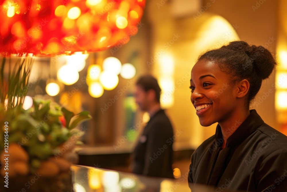 A woman stands at a counter in a restaurant, possibly ordering or paying for food A woman stands at a counter in a restaurant, possibly ordering or paying for food