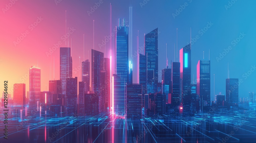 Futuristic Cityscape with Neon Lights and Digital Elements at Dusk Futuristic Cityscape with Neon Lights and Digital Elements at Dusk