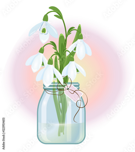 Snowdrops in a jar. Bouquet of snowdrops. Spring flowers - snowdrops in a jar with water. Spring bouquet.