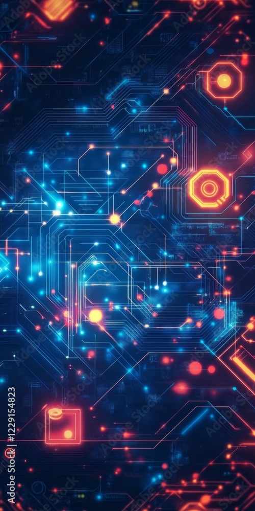 A vibrant digital abstract background featuring a futuristic circuit board with glowing neon lights and intricate patterns. A vibrant digital abstract background featuring a futuristic circuit board with glowing neon lights and intricate patterns.
