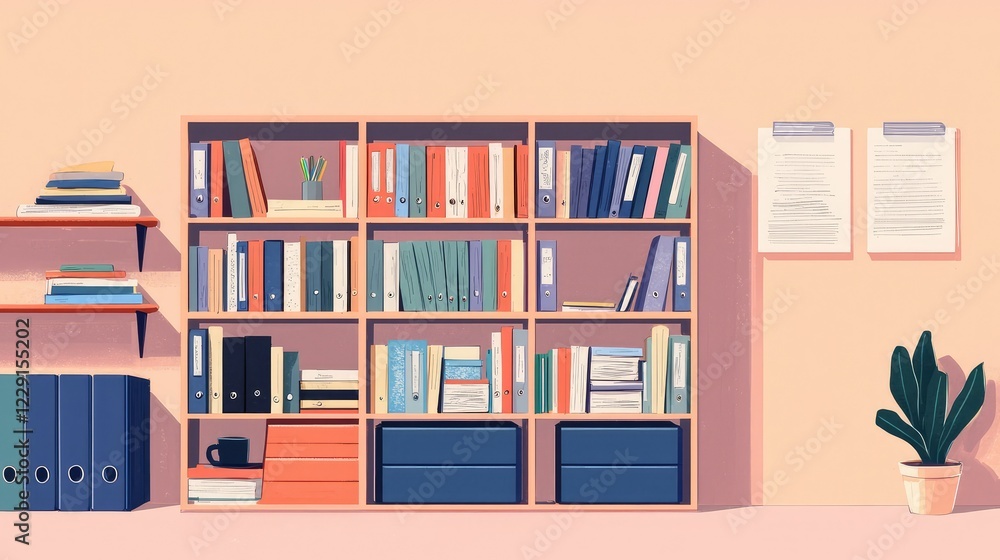 Colorful modern bookshelf with office supplies and plants in room Colorful modern bookshelf with office supplies and plants in room