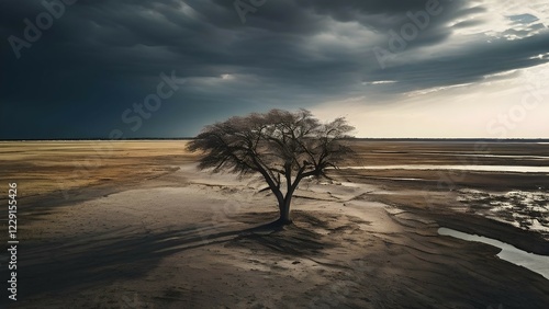 Lone tree standing in a ast dried up lake bed under a cloudy ominous sky, AI generated photo