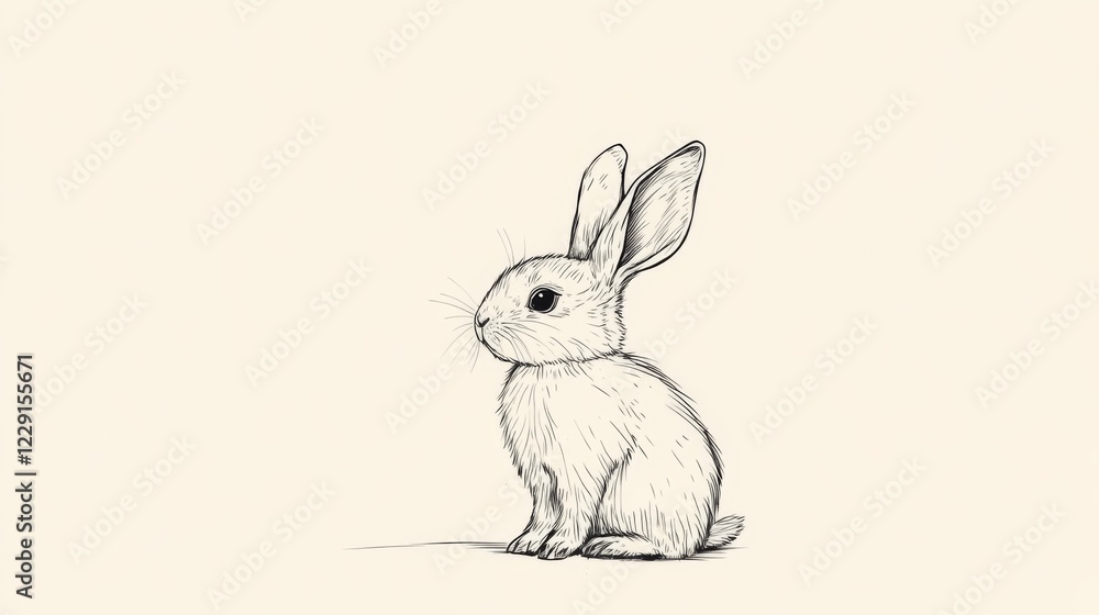 Obraz premium Sketch of a cute bunny rabbit sitting, drawn in pencil on a beige background.