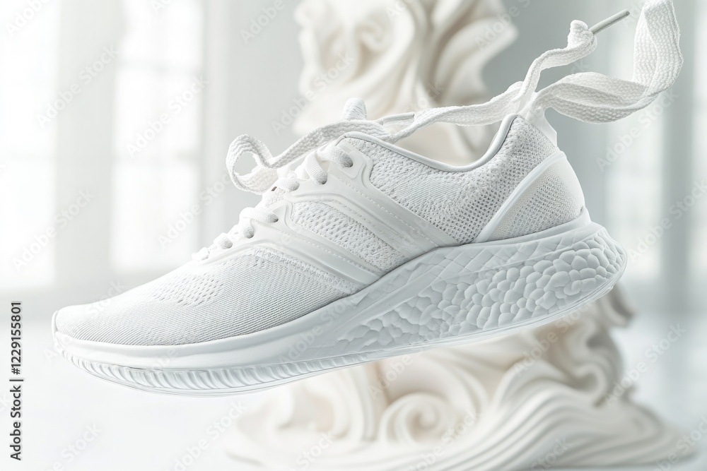 A pair of white running shoes placed on a table A pair of white running shoes placed on a table