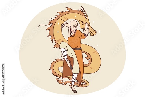 Canvas Print Tibetan monk with dragon painting in background