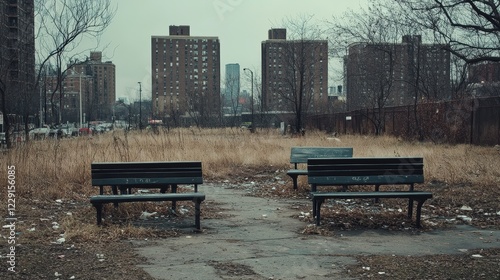 Two empty park benches sit in a field next to a city. The city is in the background, and the benches are the only objects visible photo