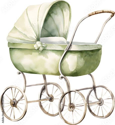 Watercolor accessories for newborns. baby carriageю Items for a newborn boy clipart. 