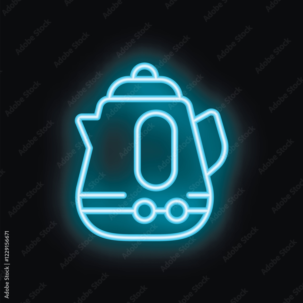 Obraz premium Blue neon sign of an electric kettle glowing on a black background