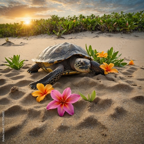 A turtle and her hatchlings emerging from the sand amidst tropical flowers. photo