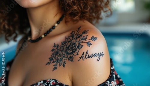 Floral Tattoo on Shoulder with Scripted 'Always' near a Pool setting photo