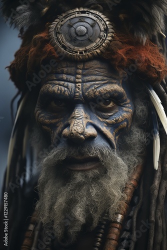 Portrait Papuan man with blue face painting, traditional red headdress, body jewellery, bead necklace, necklace, beard, feathers, indigenous people, Tribe, Wigmen, Asmat, AI generated photo