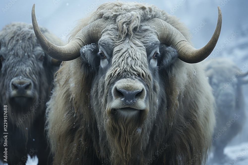 Naklejka premium Muskoxen in winter during snowstorm, AI generated