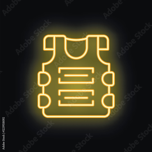Yellow neon icon of a bulletproof vest glowing on a black background