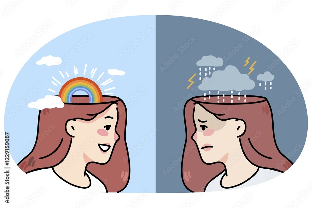 Young woman with bad mood and good mood. Unhappy and happy girl emotions. Concept of human emotional state and mindset. Flat vector illustration
