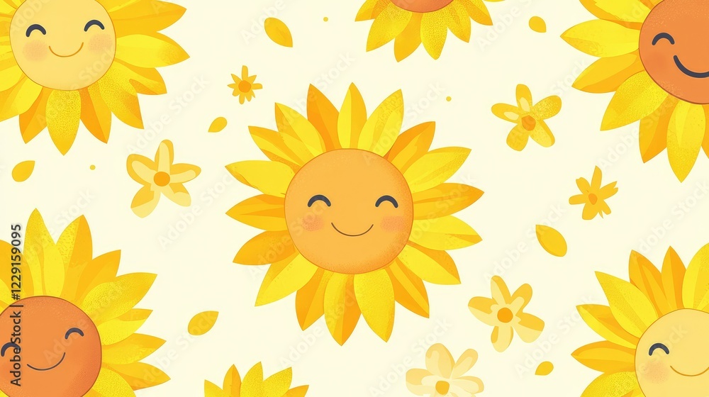 Cheerful Sunflower Pattern with Smiling Suns and Bright Colors Cheerful Sunflower Pattern with Smiling Suns and Bright Colors