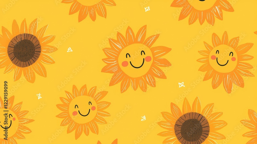 Bright and Cheerful Sunflower Pattern with Happy Faces on Yellow Background Bright and Cheerful Sunflower Pattern with Happy Faces on Yellow Background
