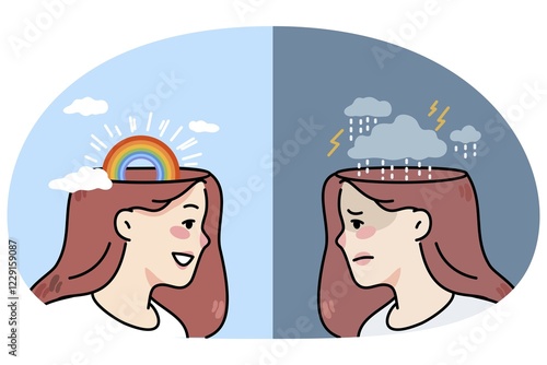 Obraz na płótnie Young woman with bad mood and good mood. Unhappy and happy girl emotions. Concept of human emotional state and mindset. Flat vector illustration w salonie