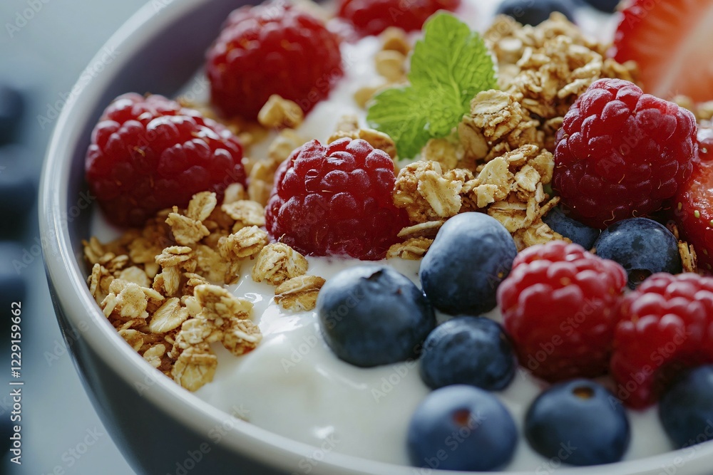 Healthy breakfast bowl with yoghurt, granola, raspberry and blackberry. Generative Ai, AI generated Healthy breakfast bowl with yoghurt, granola, raspberry and blackberry. Generative Ai, AI generated