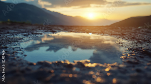 serene sunset reflection in shallow water, showcasing mountains and vibrant sky. tranquil scene evokes sense of peace and natural beauty