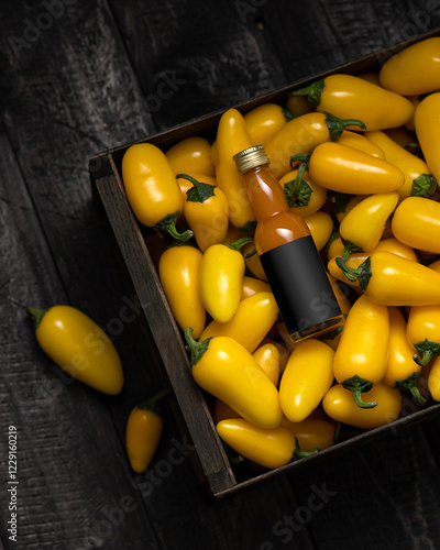 Jalapeno NuMex Lemon Sauce in Bottle Inside Box with Yellow Peppers. Capsicum annuum. Hot Chili Pepper Sauce. Aji Amarillo. Yellow Chili Peppers. Spicy Food. Fiery Flavor. Hot Condiment. Top View. photo