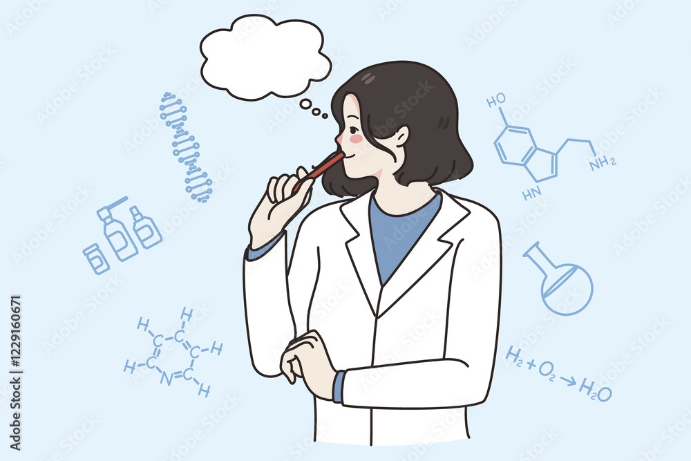Pensive young female scientist in uniform think of chemical discovery or research. Woman researcher or lab worker brainstorm develop vaccine against disease. Medicine concept. Vector illustration Pensive young female scientist in uniform think of chemical discovery or research. Woman researcher or lab worker brainstorm develop vaccine against disease. Medicine concept. Vector illustration