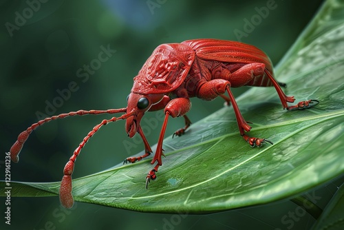 Stylized red giraffe weevil on a green leaf, AI generated photo