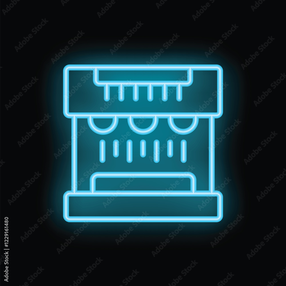Glowing blue neon icon of a coffee machine brewing a cup of coffee, on a black background Glowing blue neon icon of a coffee machine brewing a cup of coffee, on a black background