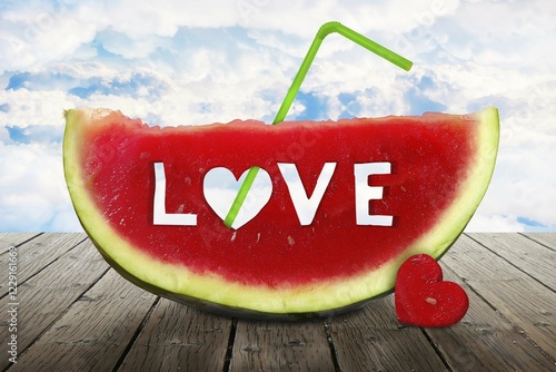 Watermelon with Love inscription in the pulp photo