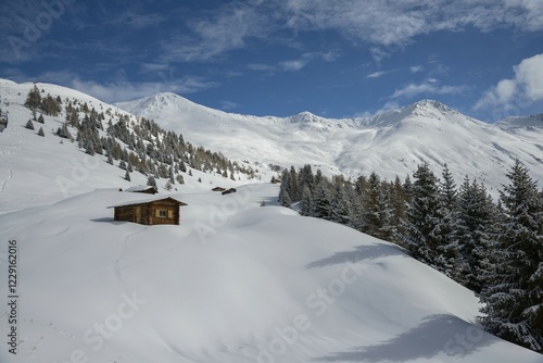 Alpine huts on Mount Tscheyeck with Schafkogel, Nauders, Tyrol, Austria, Europe photo