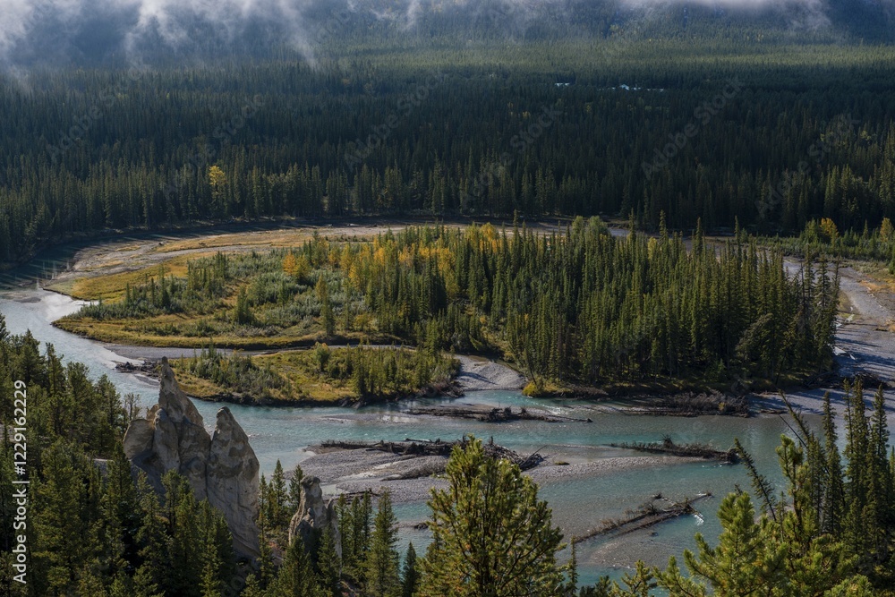 View of the Bow River Valley, Hoodoos Viewpoint, Banff National Park, Alberta Province, Canada, North America View of the Bow River Valley, Hoodoos Viewpoint, Banff National Park, Alberta Province, Canada, North America