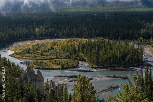 View of the Bow River Valley, Hoodoos Viewpoint, Banff National Park, Alberta Province, Canada, North America photo