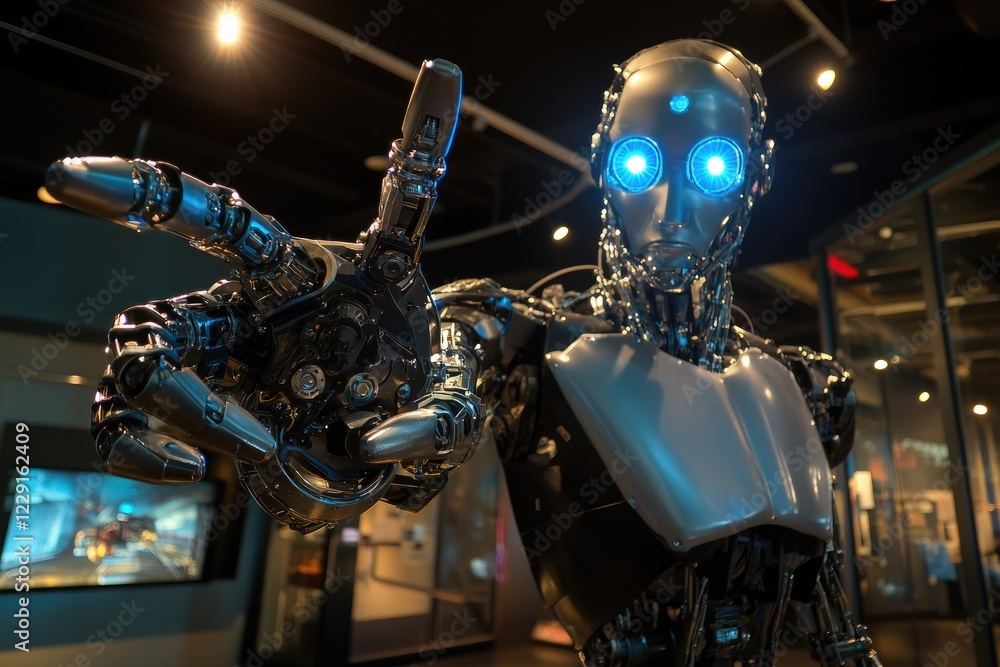 Fototapeta premium Advanced Robot with Glowing Eyes Extends a Mechanical Hand