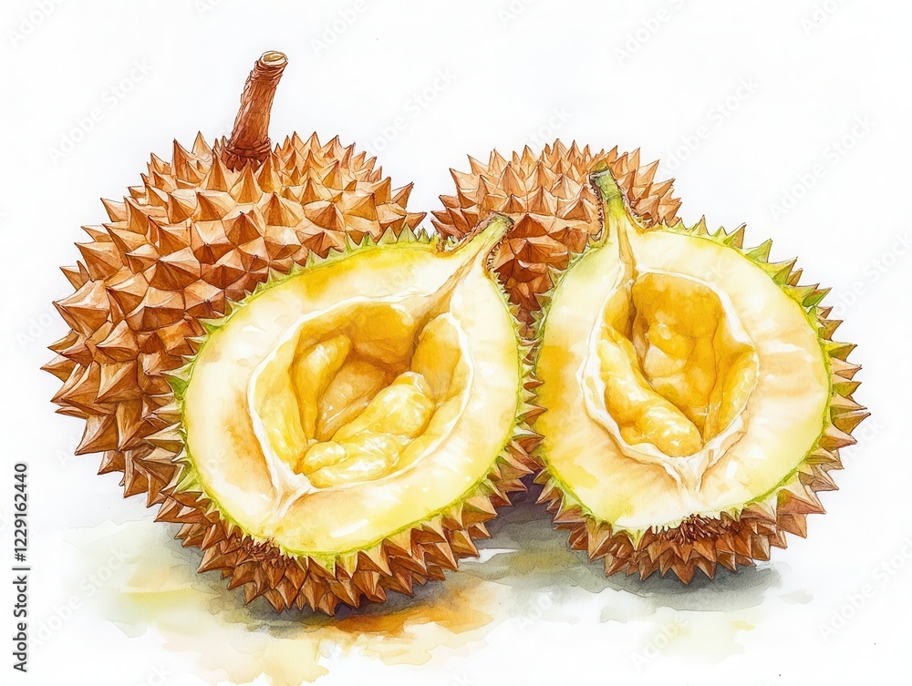 Watercolor Illustration of Whole and Halved Durians
Watercolor Illustration of Whole and Halved Durians