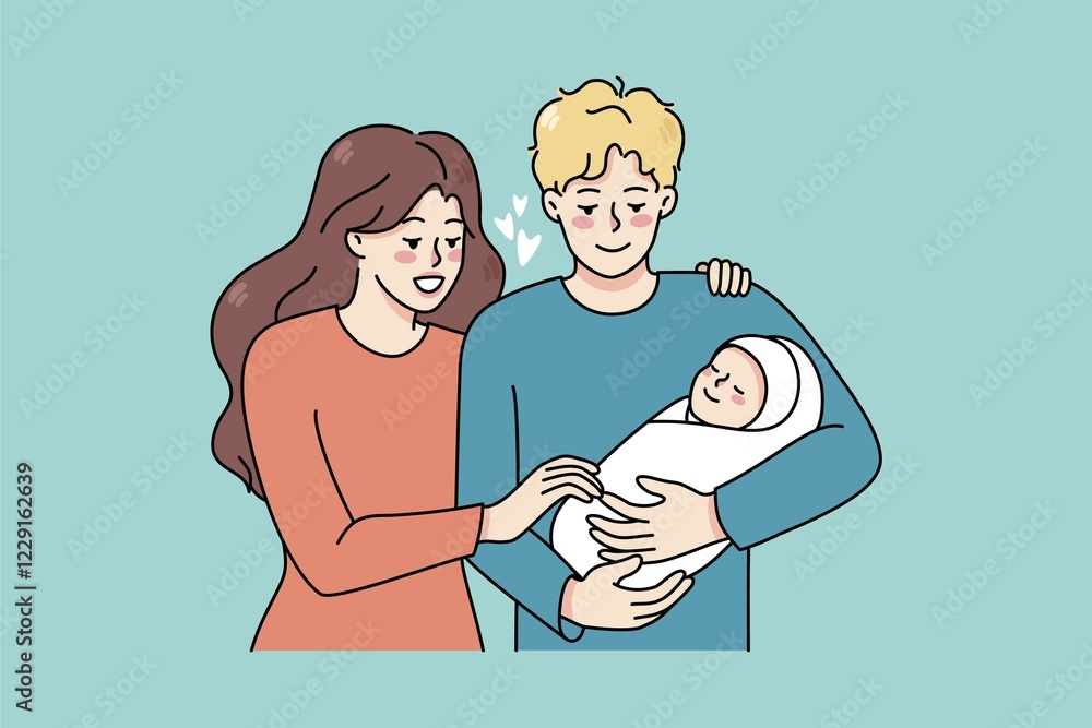 Happy young family with newborn baby enjoy parenthood together. Smiling parents hold in arms infant child show love and care. Fla illustration, cartoon character