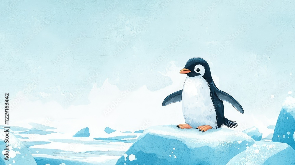 Fototapeta premium Cute Penguin Standing on Iceberg in a Serene Arctic Landscape