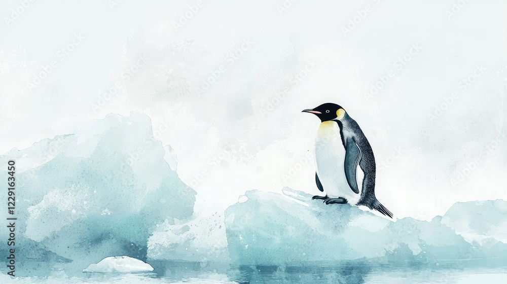 Fototapeta premium Elegant Emperor Penguin Standing Alone on Iceberg in Blue Waters