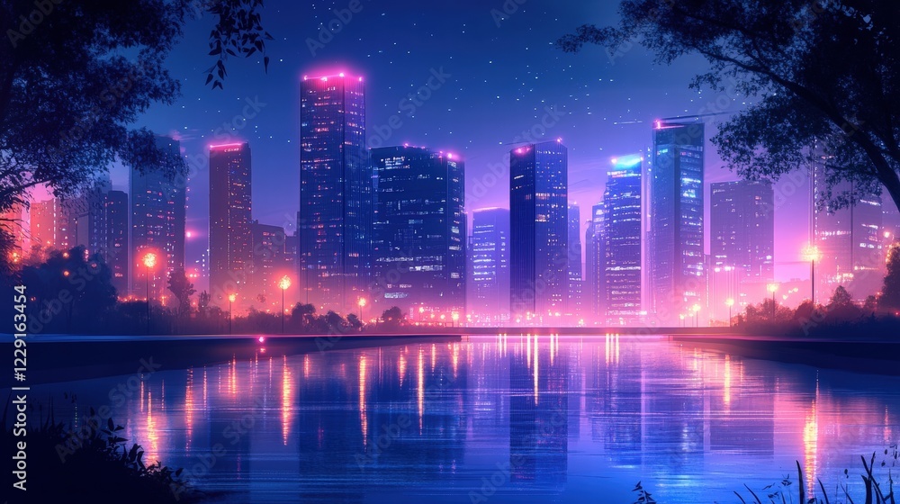 Night Cityscape Reflection: A vibrant, stylized cityscape at night, with neon lights reflecting beautifully on a calm lake. The scene evokes a futuristic, dreamy atmosphere. Night Cityscape Reflection: A vibrant, stylized cityscape at night, with neon lights reflecting beautifully on a calm lake. The scene evokes a futuristic, dreamy atmosphere.