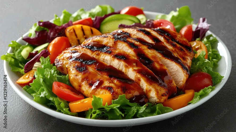 Grilled Chicken Breast on a Fresh Salad with Cherry Tomatoes, Cucumbers, and Mixed Greens Topped with a Savory Barbecue Sauce in a White Plate Grilled Chicken Breast on a Fresh Salad with Cherry Tomatoes, Cucumbers, and Mixed Greens Topped with a Savory Barbecue Sauce in a White Plate