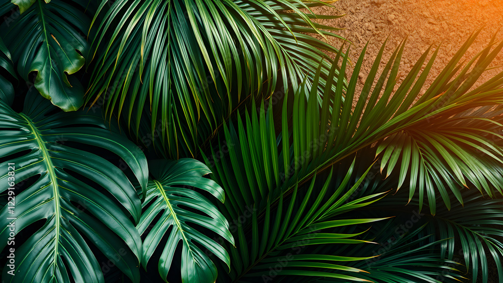 Monstera and palm leaves jungle texture Monstera and palm leaves jungle texture