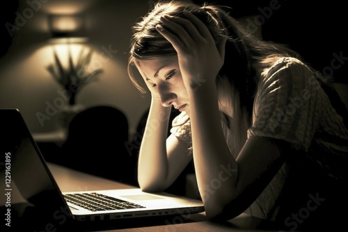 Young woman sitting exhausted at a notebook, burnout syndrome, overload, motivation, AI generated photo