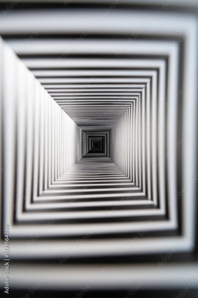 Obraz premium A black and white photo of a tunnel with a white stripe. The photo is blurry and the tunnel is very long
