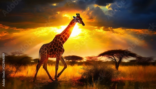 夕暮れのサバンナを悠々と歩くキリン