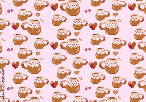 Saint Valentine seamless pattern with cute mugs and hearts for romantic  hand-drawn for fabric texture textile paper wrapping and surface 