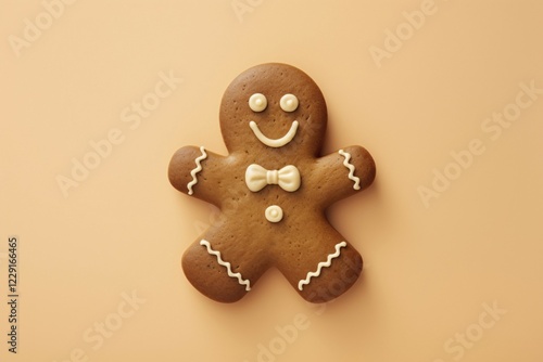 Single smiling gingerbread personc ookie on yellow background. KI generiert, generiert AI generated photo