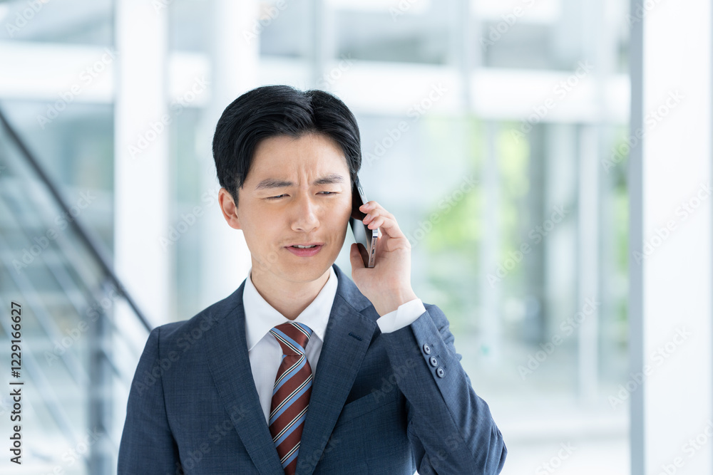 オフィスで電話する若いビジネスマン