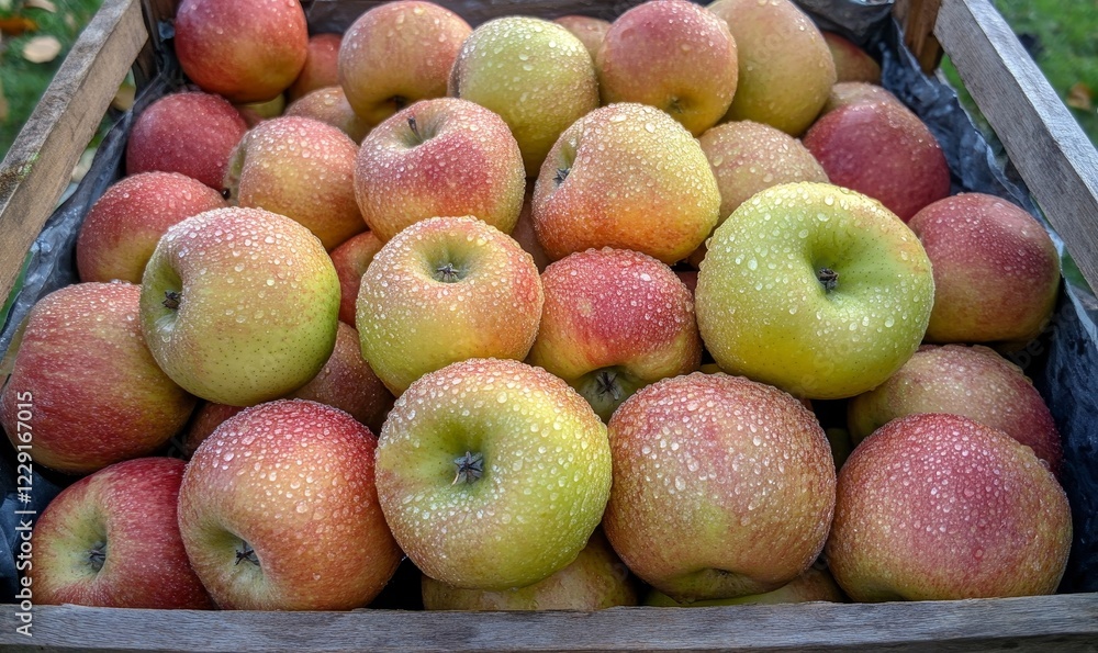 Fresh Organic Apples in a Rustic Basket with Morning Dew in Sunlit Orchard - Healthy Seasonal Harvest Concept for Autumn, Fresh Organic Apples in a Rustic Basket with Morning Dew in Sunlit Orchard - Healthy Seasonal Harvest Concept for Autumn,