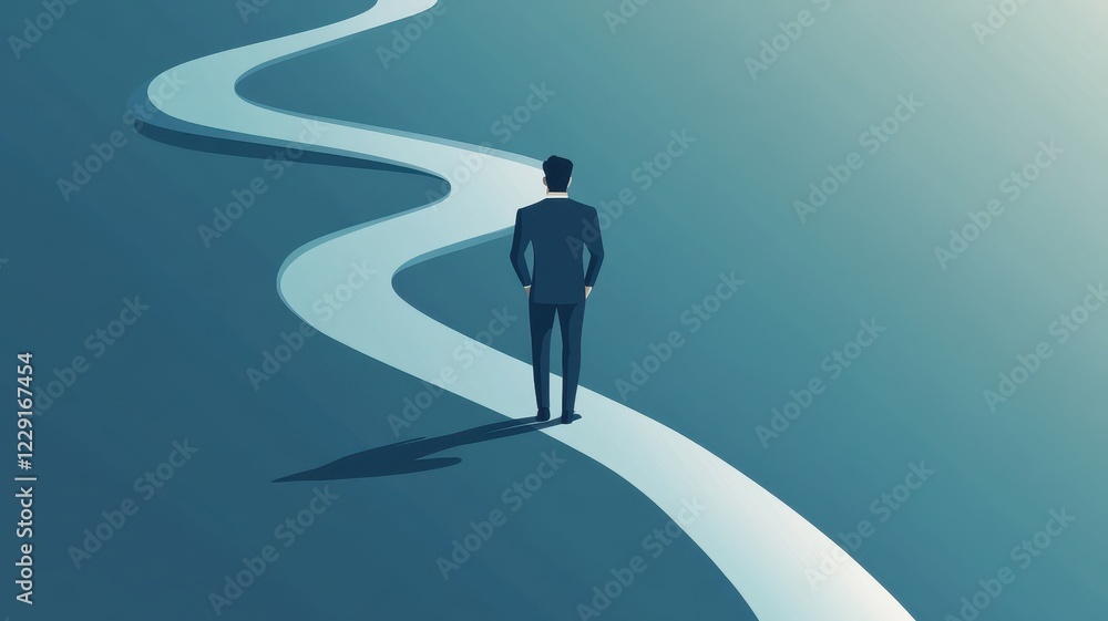 Obraz premium Career growth recruiter concept. A man walks along a winding path, symbolizing journey and exploration in a minimalist style.