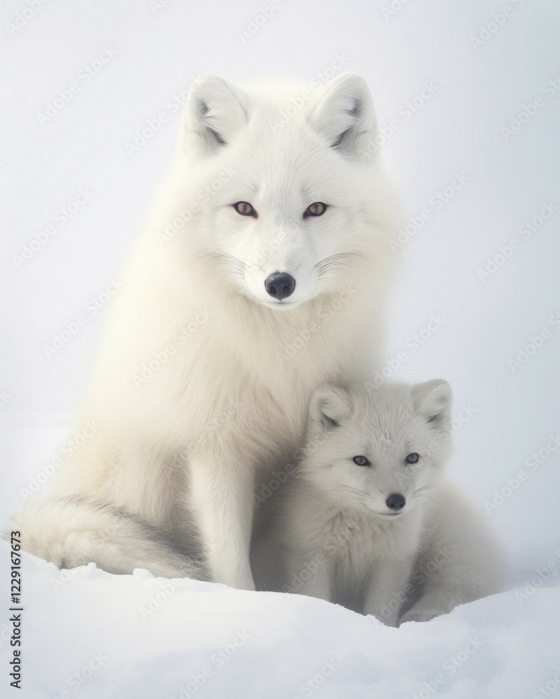 Close-up, arctic fox with young in deep snowy arctic winter landscape, AI generated Close-up, arctic fox with young in deep snowy arctic winter landscape, AI generated
