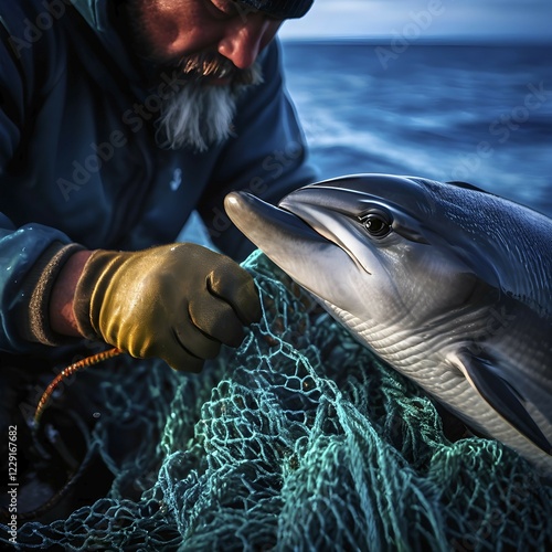 Fisherman's rough hands meticulously disentangling a young dolphin from a fisher net, AI generated, deep sea, fish, squid, bioluminescent, glowing, light, water, ocean photo